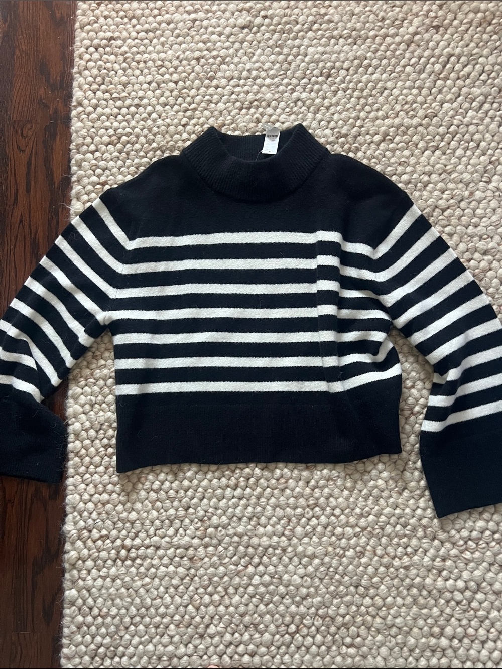 J. Crew Black and White Striped Mock Neck Sweater with flare sleeves